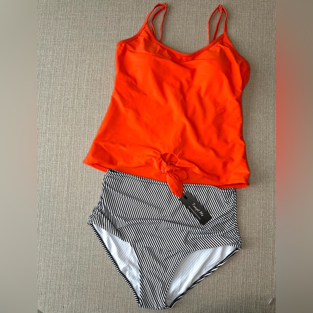 NWT Tempt Me Striped High-Waist Bikini & Bright Orange Tie-Front Swimsuit Top